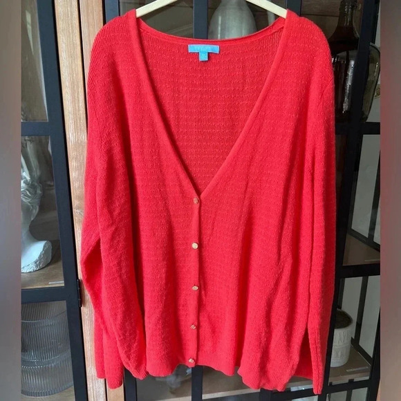 Draper James 2X cardigan knit sweater gold buttons coral orange red vneck preppy - Picture 1 of 8